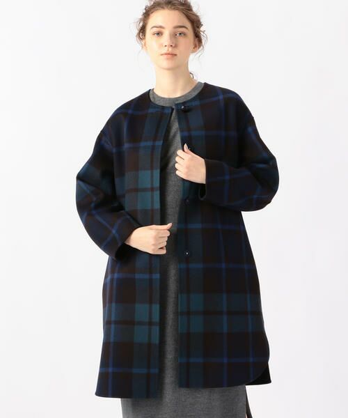 セール】 ウールカシミヤリバータータンチェック ノーカラーコート