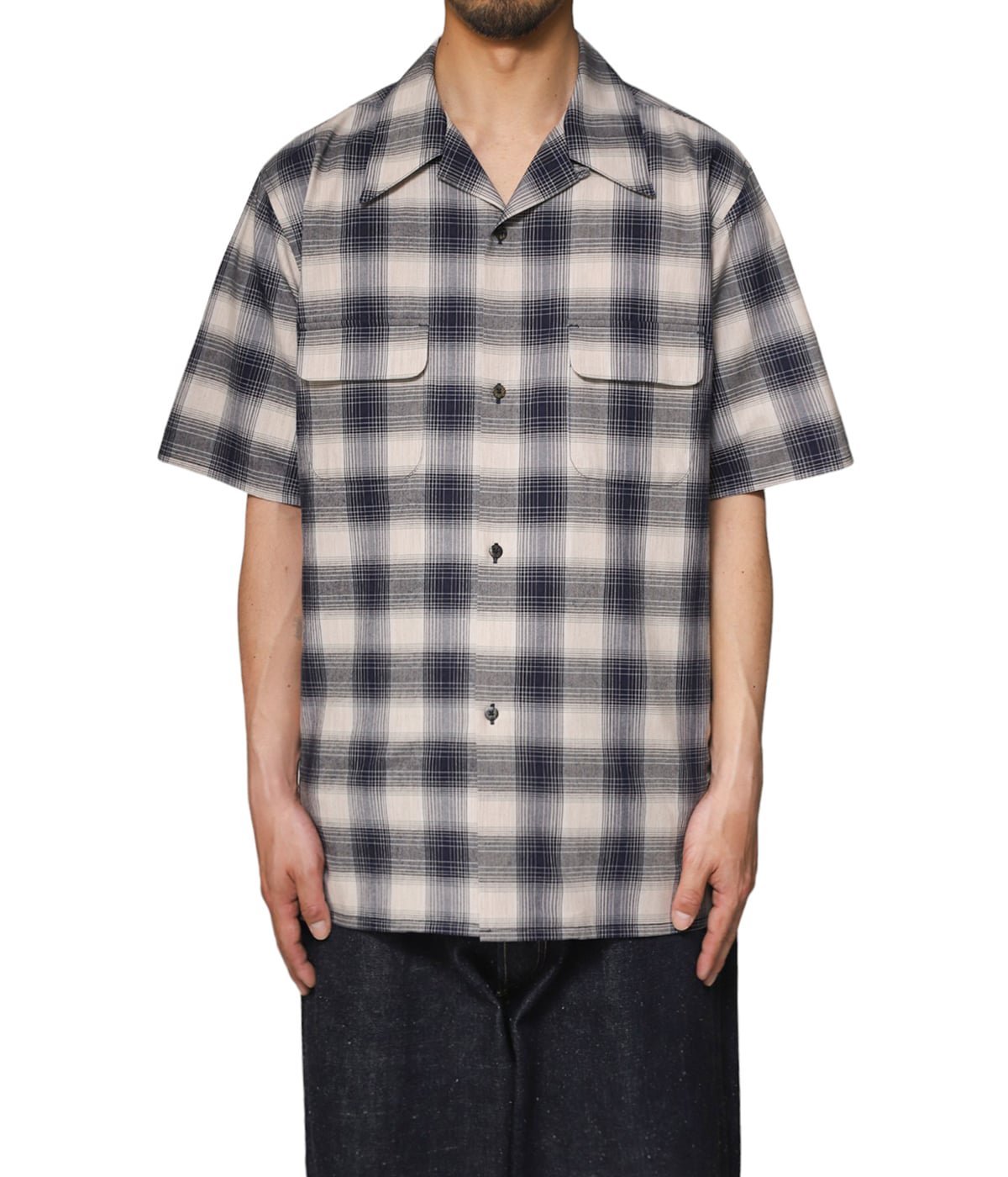 YAK OMBLE PLAID OPEN COLLER BLOUSE HALF SLEEVE | SUGARHILL