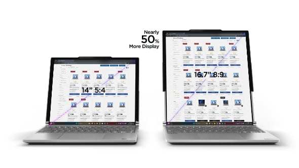 伸びーるディスプレイのノートPC、レノボが発表 ボタン1つで表示領域が