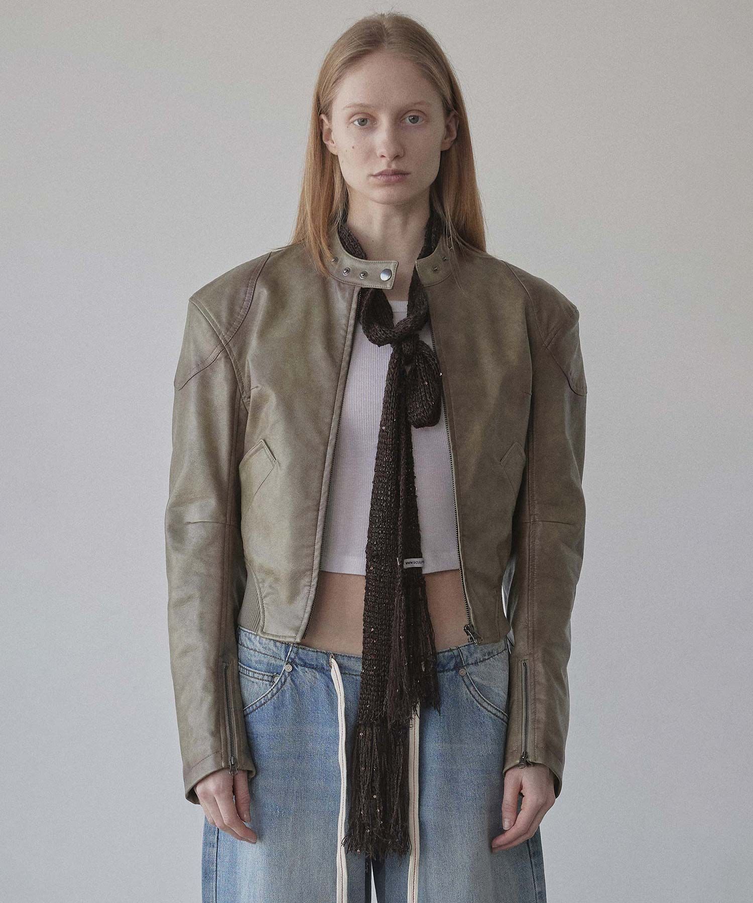 MUSINSA | SCULPTOR Emboss Faux Leather Bomber Sage