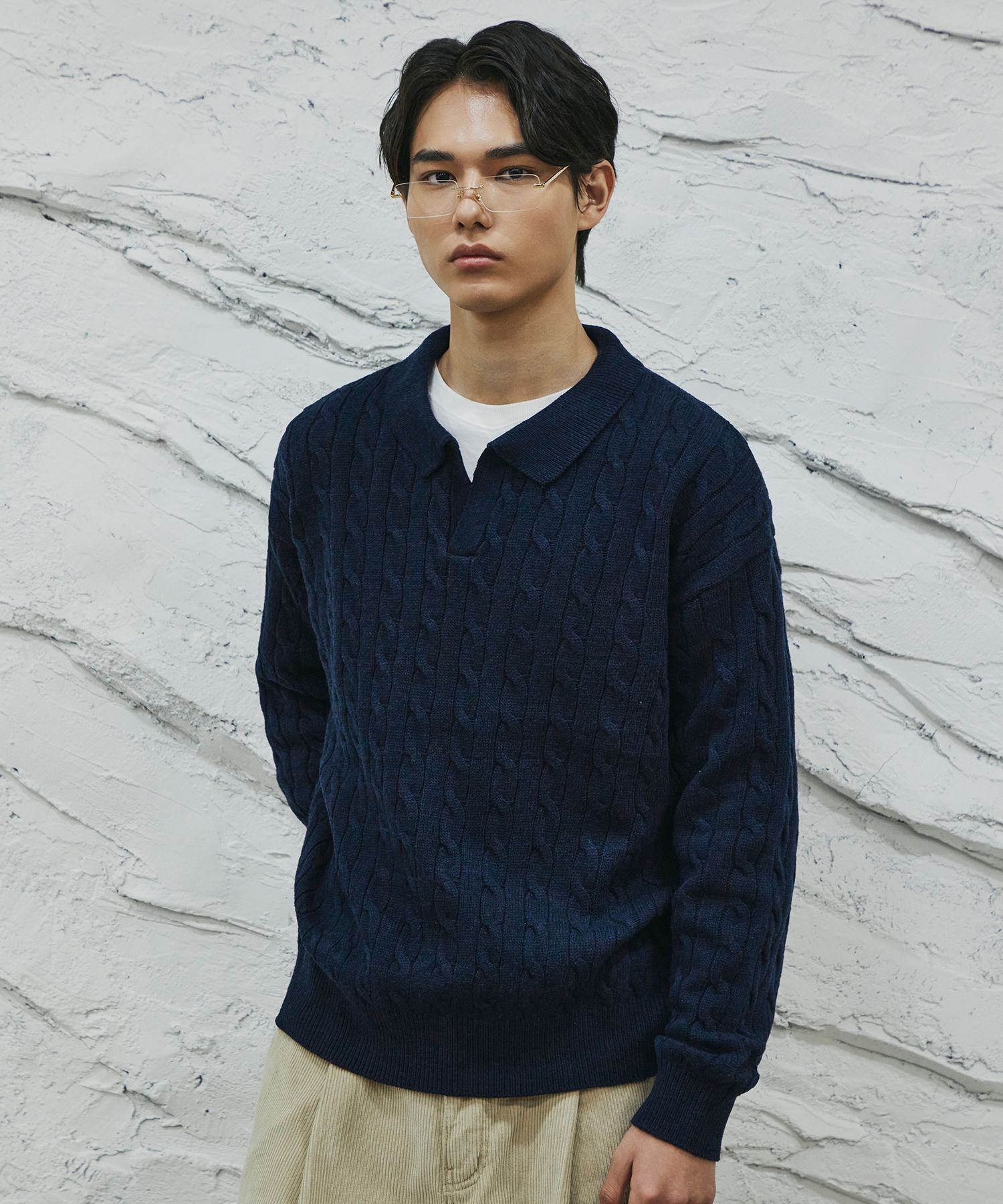 MUSINSA公式 | SIGNATURE ケーブルカラーニット[ネイビー]