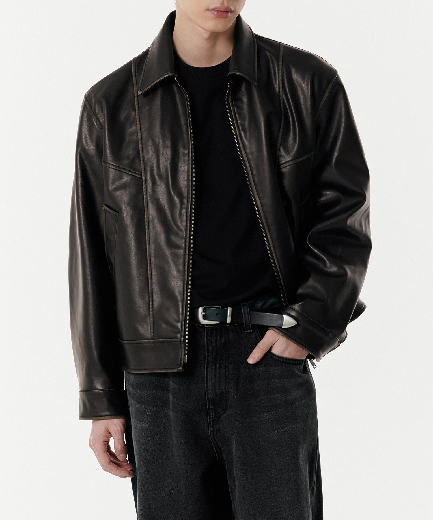 MUSINSA | MUSINSA STANDARD Faded Synthetic Leather Single Jacket