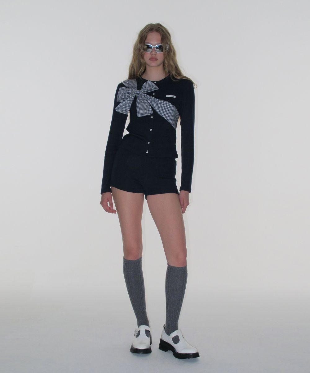 MUSINSA | CRANK Ribbon-Tied Knit Cardigan_Navy