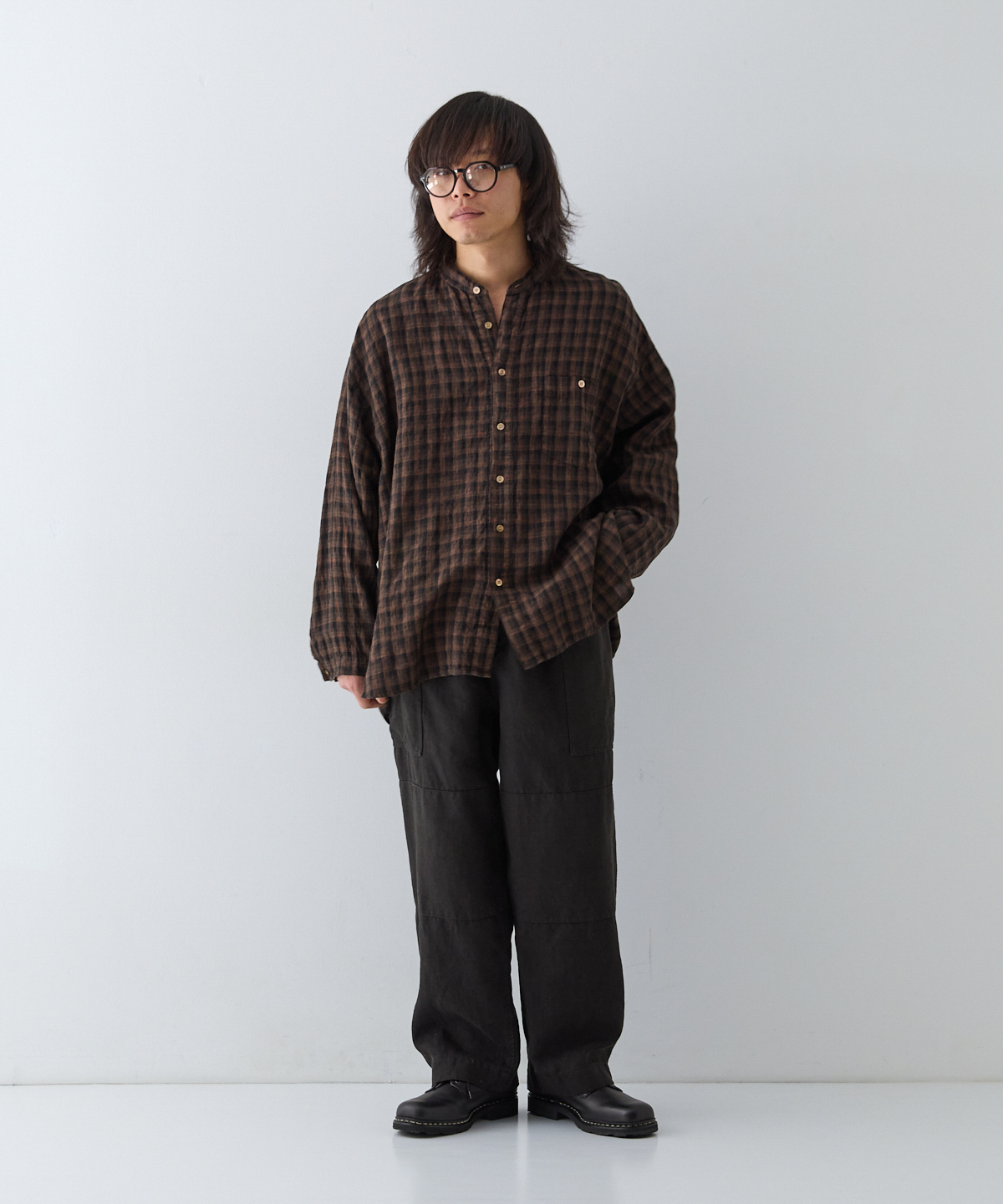 リネンチェック バンドカラービックシャツ｜nest Robe / CONFECT