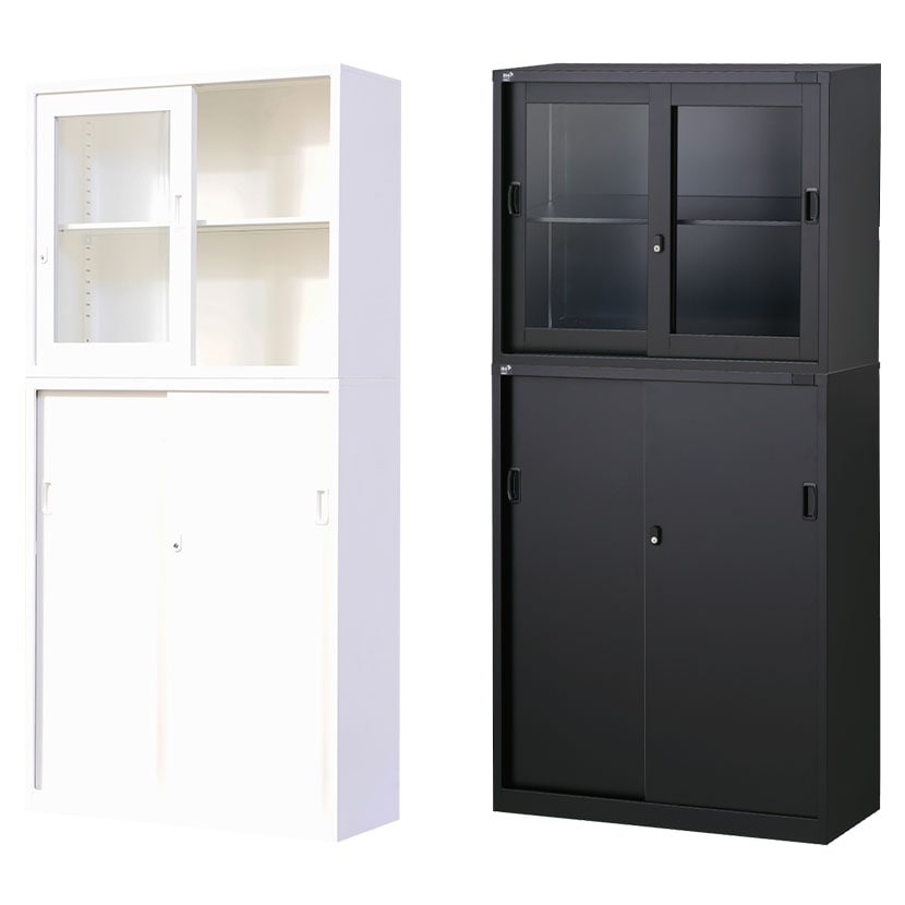 送料無料】 【国産】 スチール書庫 上下セット ガラス引戸+引戸 鍵付き