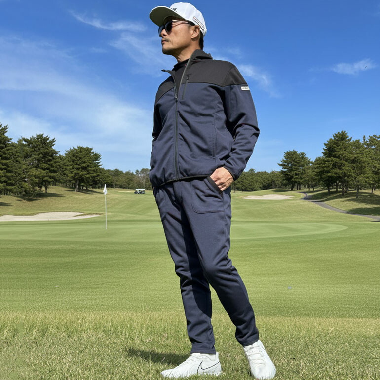 防寒3層構造で寒風をシャットアウト裏フリース防風ゴルフセットアップ