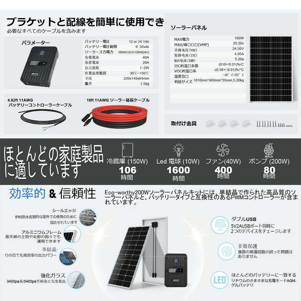 400W ソーラーパネルキット 単結晶 60A ソーラー充電 Z金具 ケーブル