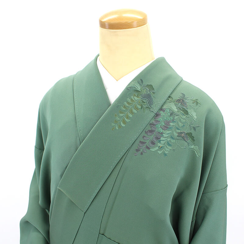 中古】 付下げ レディース 正絹 緑 紫 藤 松 刺繍 豪華 身丈162cm 裄丈