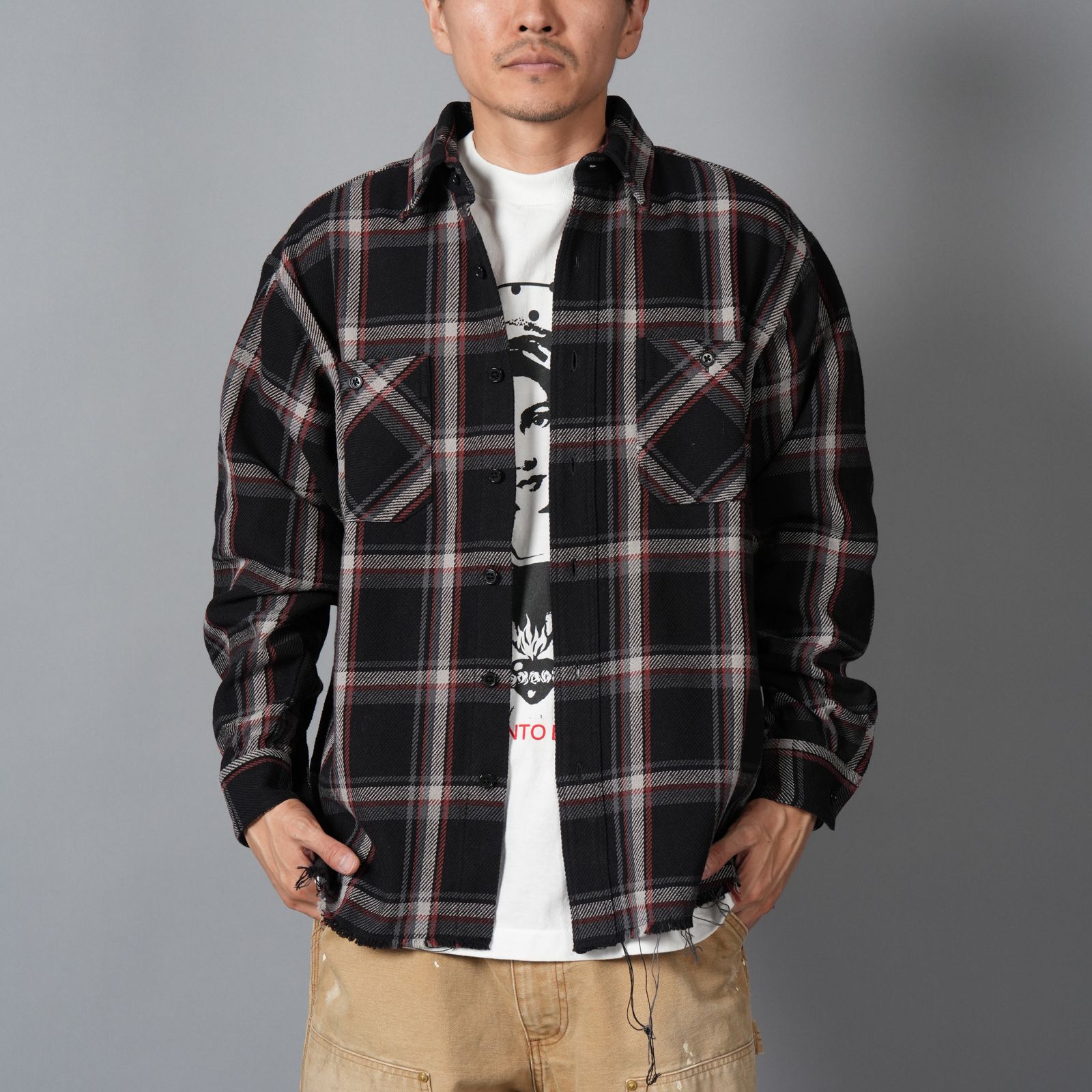 LASTMAN - DAMAGED FLANNEL SHIRTS / ネルシャツ (ブラック) | Confidence