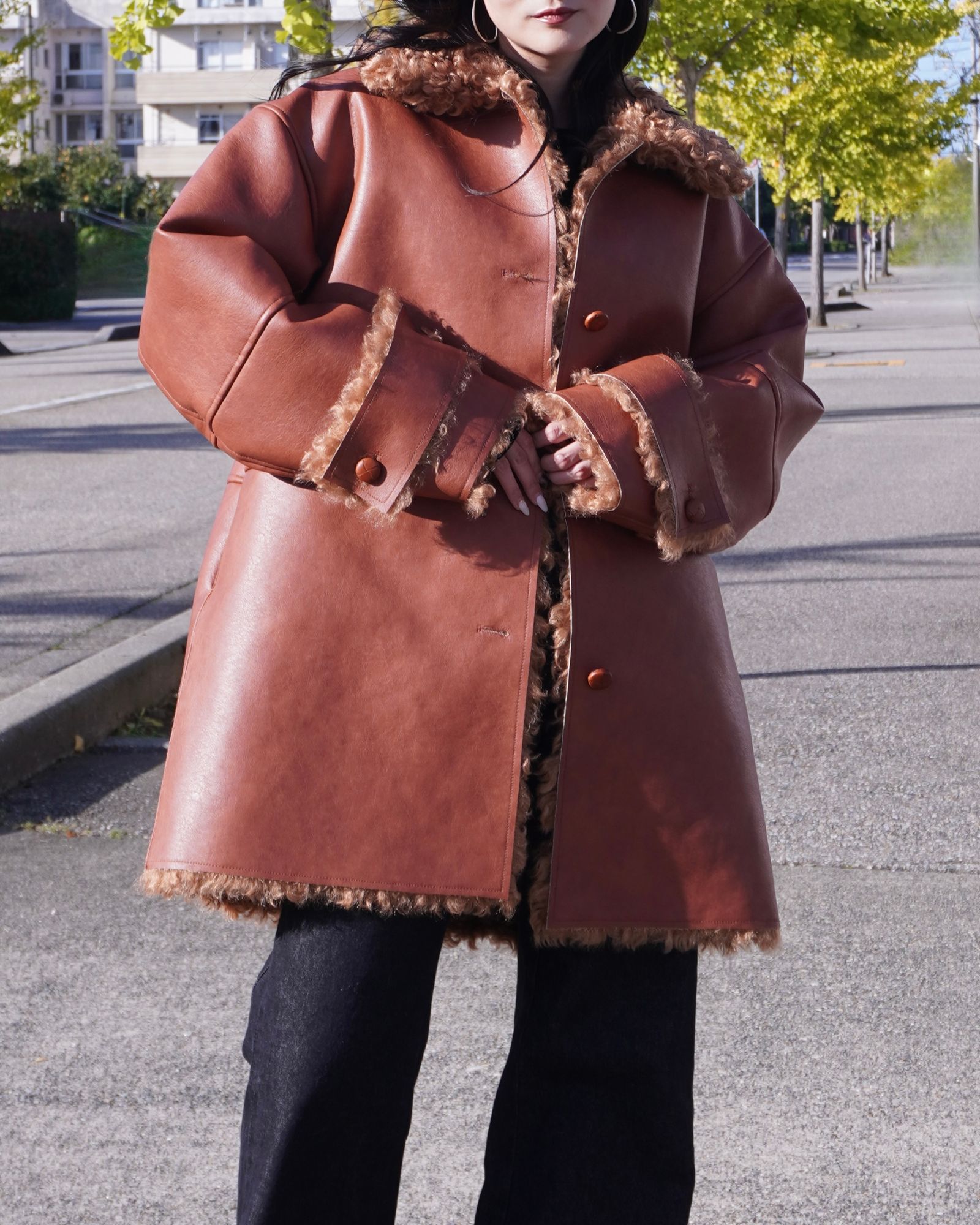 THINK FUR - Vintage Like Fake Mouton Reversible Coat (テラコッタ