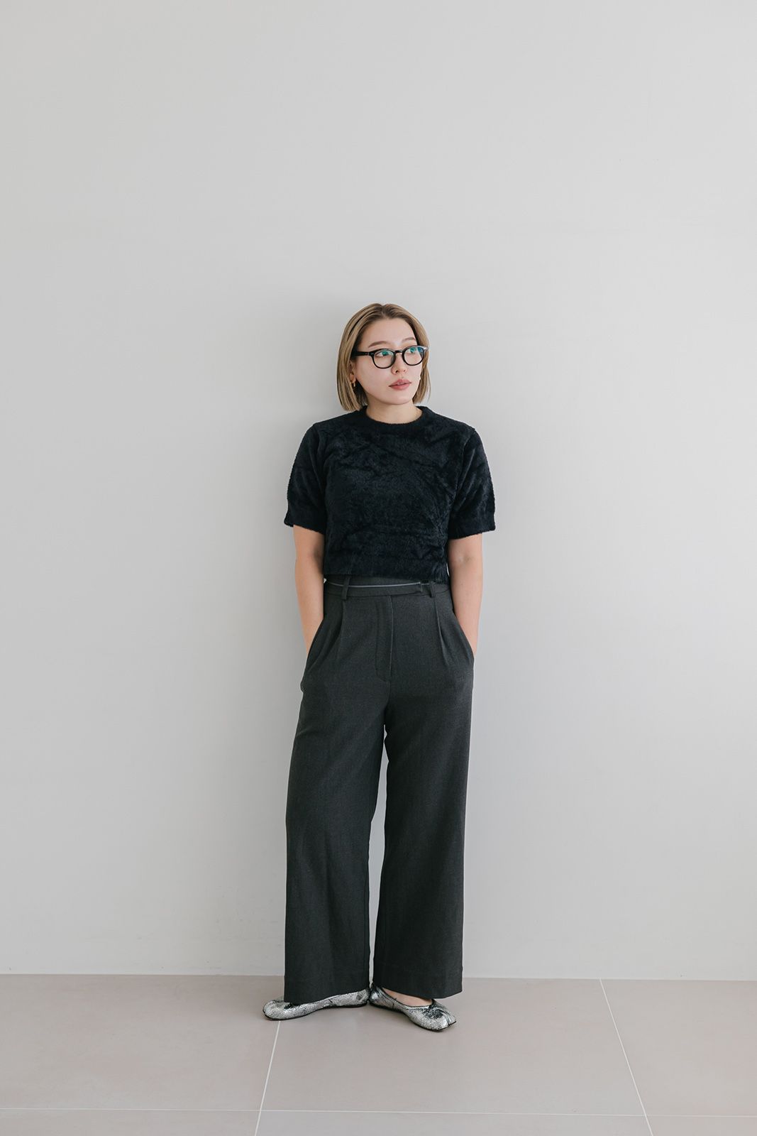 CAVEZA ROSSO - ハーフスリーブシャギーニットトップス (ブラック