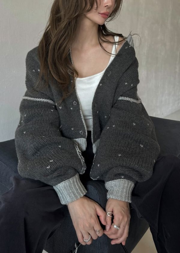 WILLFULLY - heart dot jacquard reversible cropped knit cardigan