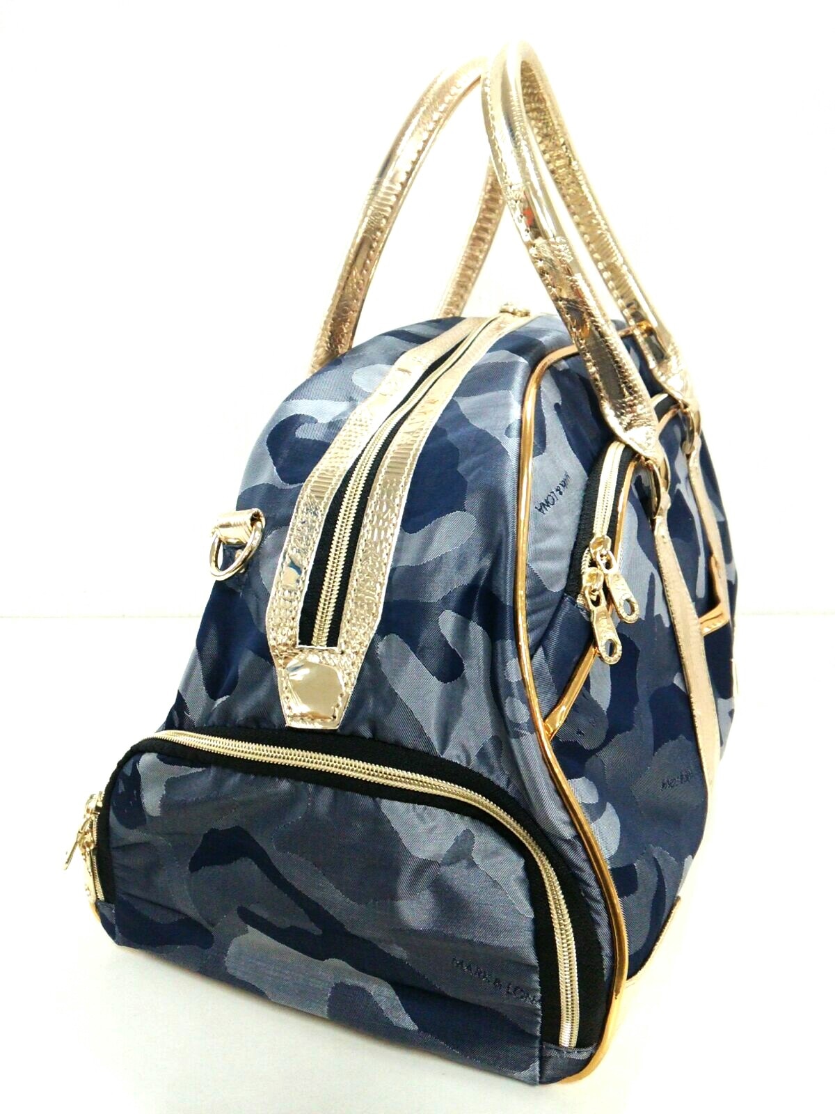 マークアンドロナ/ボストンバッグ/ネイビー×ゴールド/ジャガード×合皮