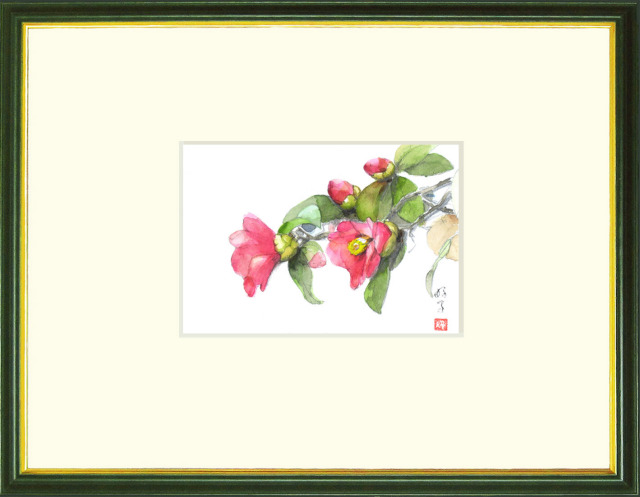 志村好子「椿」5・水彩（画寸128×185・額寸318×410mm）