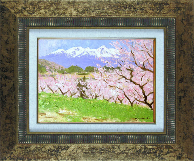 信州風景画・山岳風景画（山と桜の絵）足立一夫「八ヶ岳の春」油彩