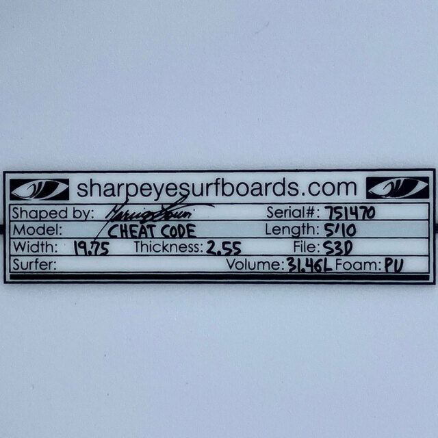 ショートボード シャープアイ チートコード 5'10 テールカーボンパッチ