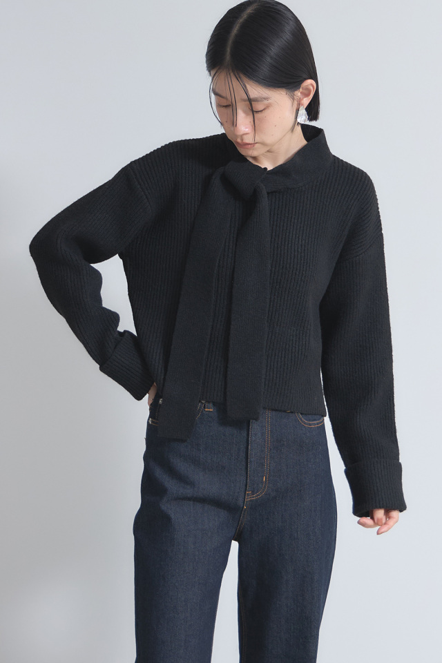 ボウタイリボン畦ニットプルオーバー