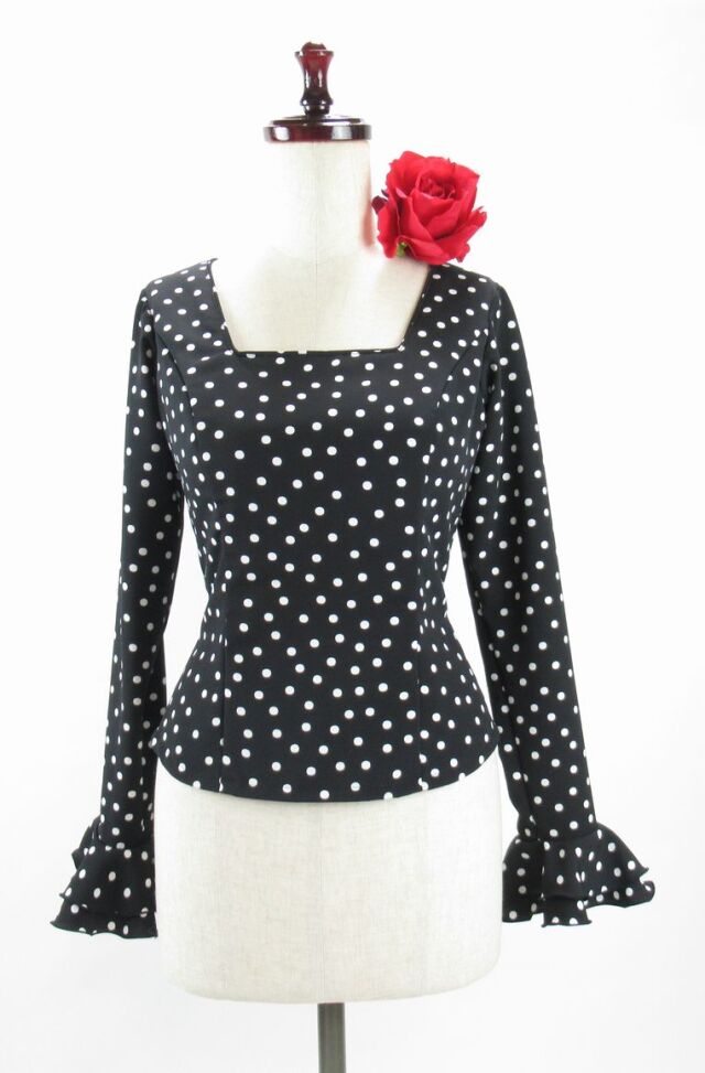 フラメンコ衣装 ブラウス 黒 水玉