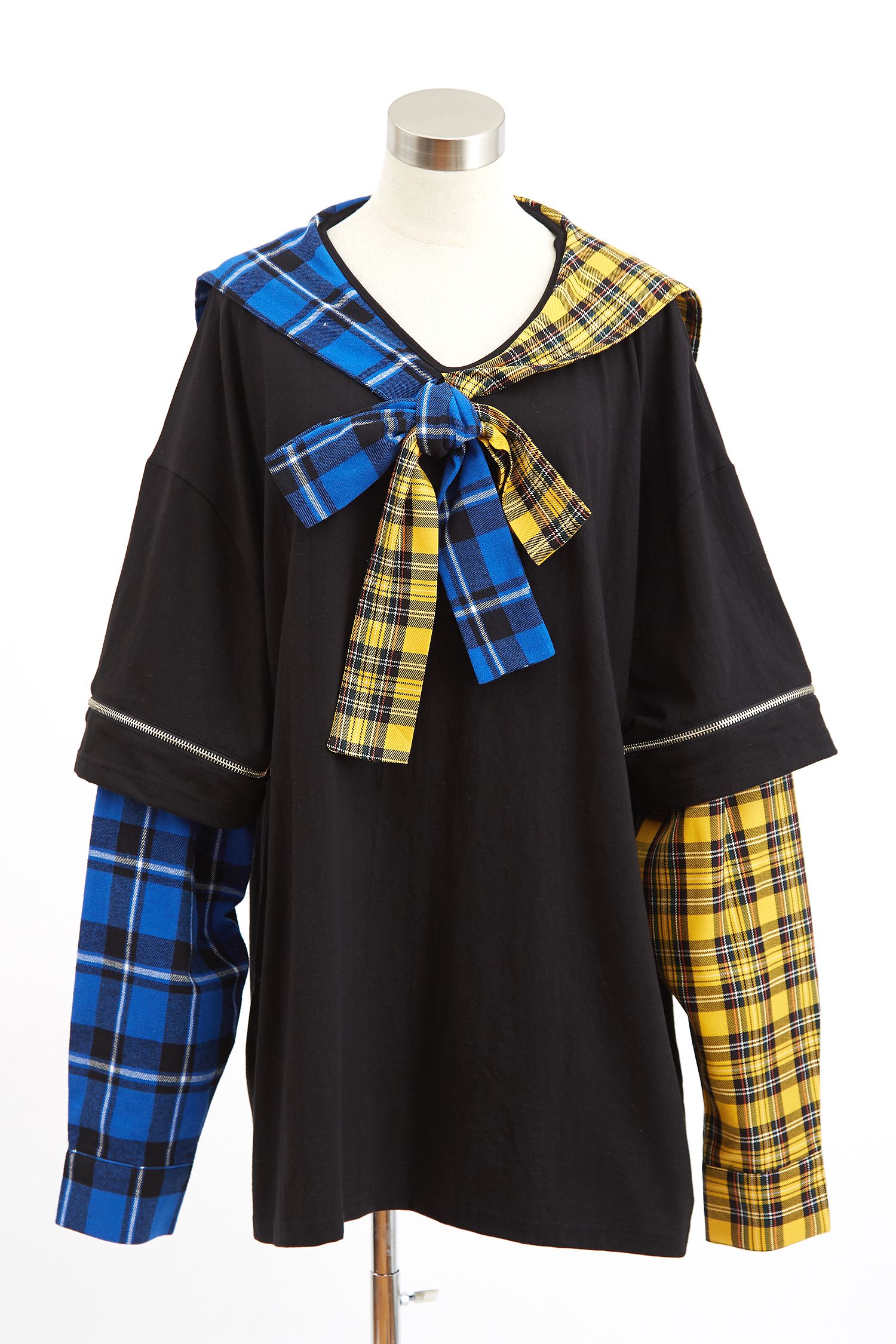 オープンジップフェイクレイヤーアシンメトリーチェック柄シャツ