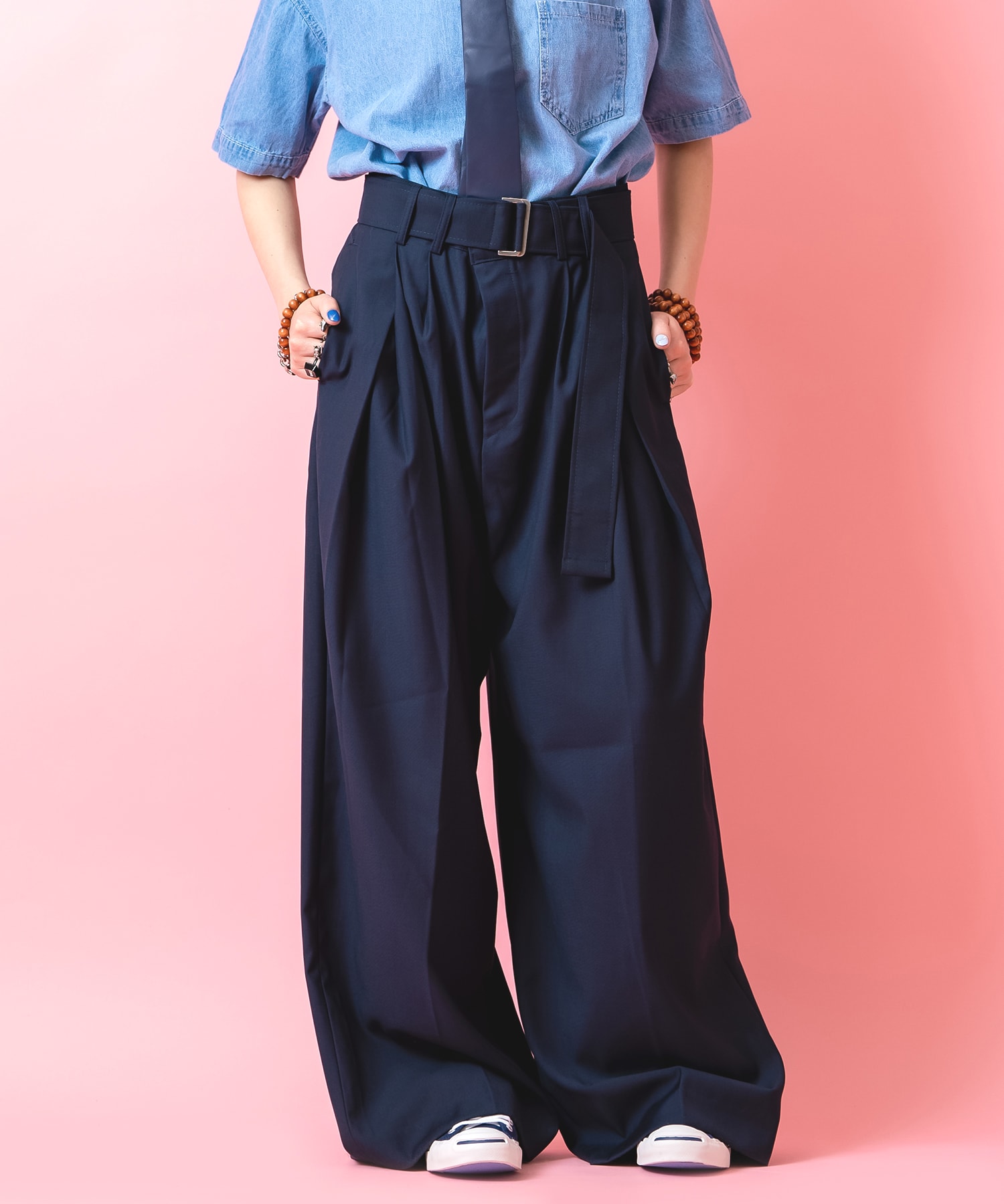 ロングベルトダブルタックドレープワイドパンツ / スラックス フレア