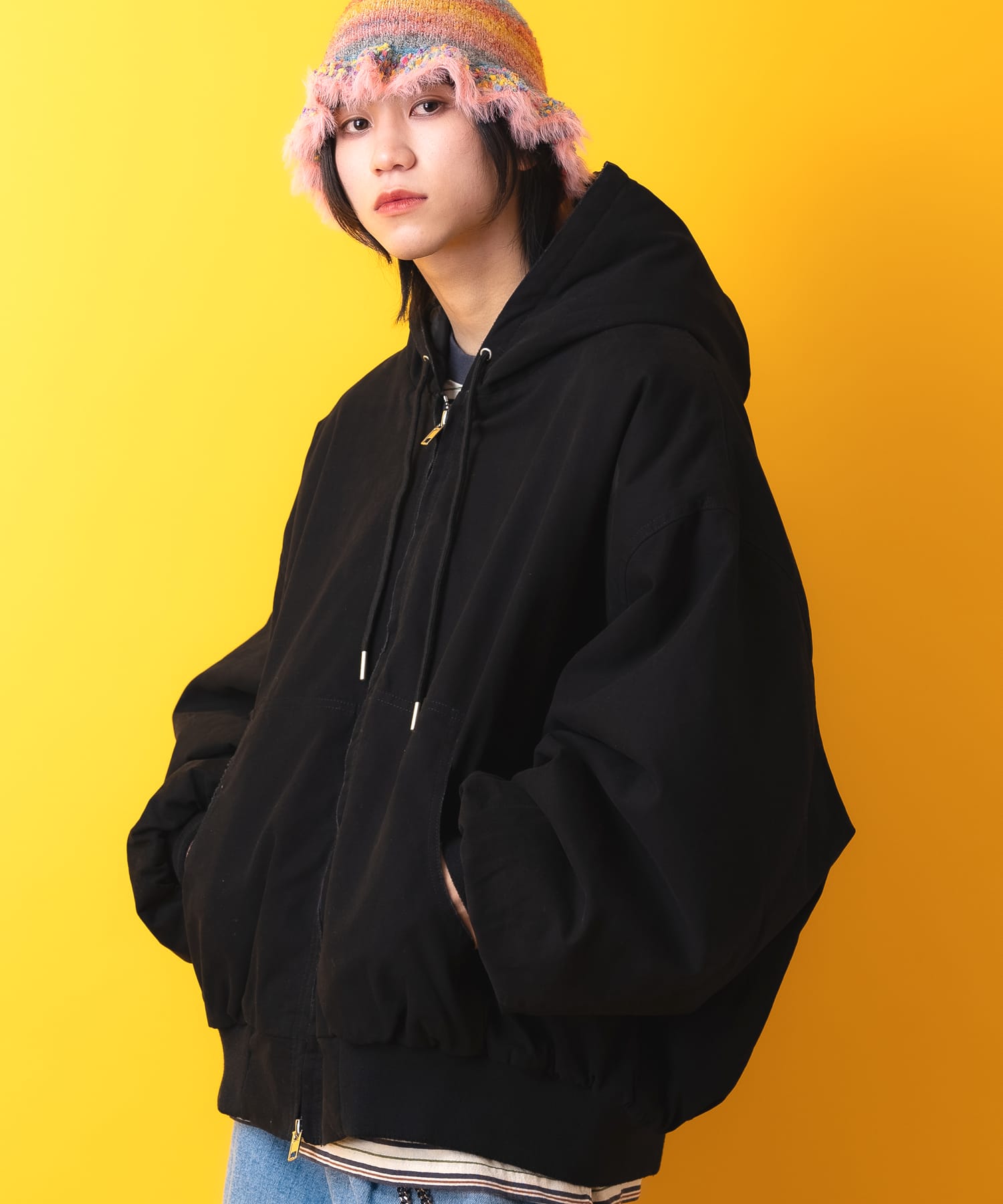 スーパーオーバーサイズ裏キルティング中綿ダックフードブルゾン