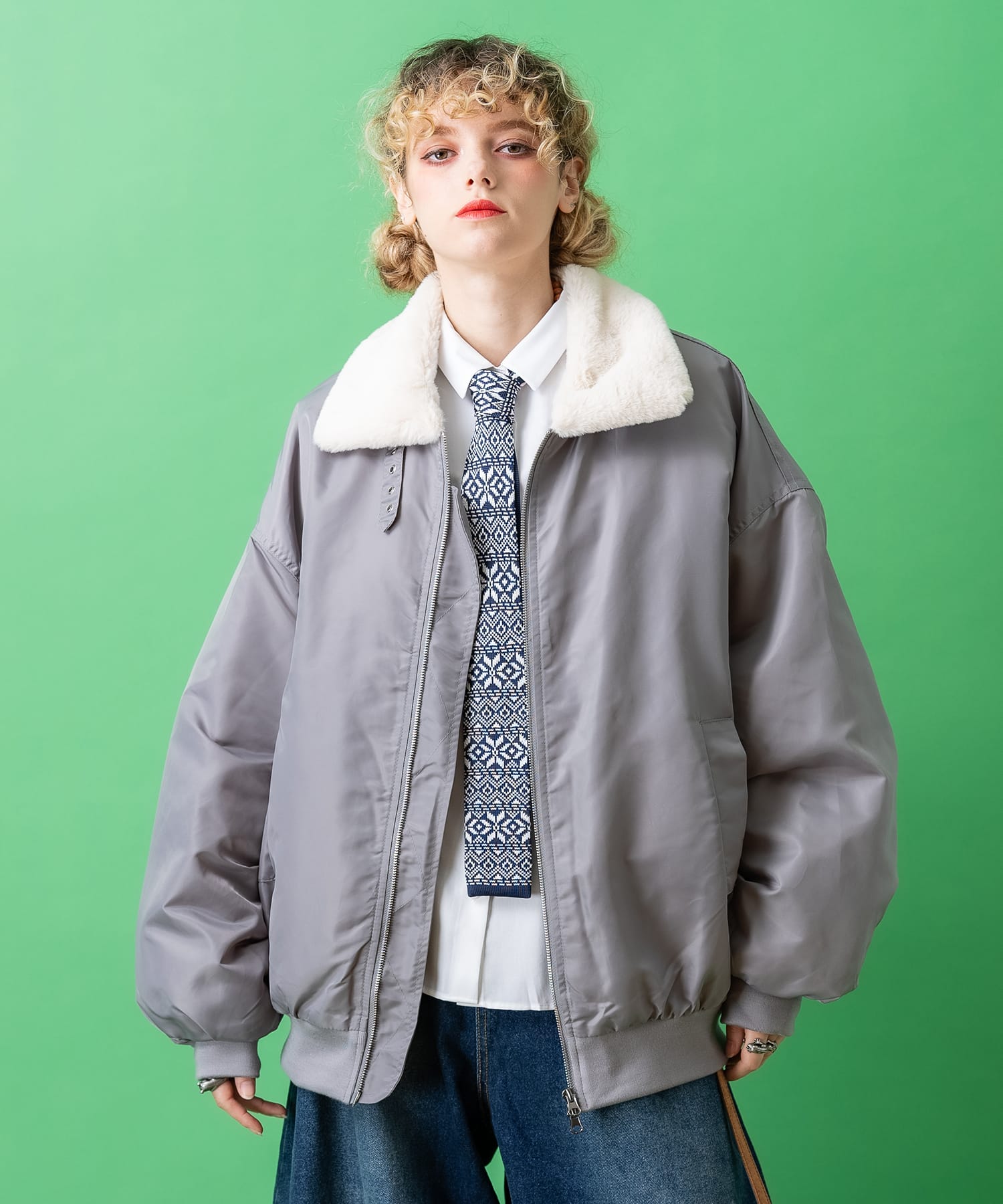 ファー襟ナイロン中綿オーバーサイズフライトジャケット / ミリタリー