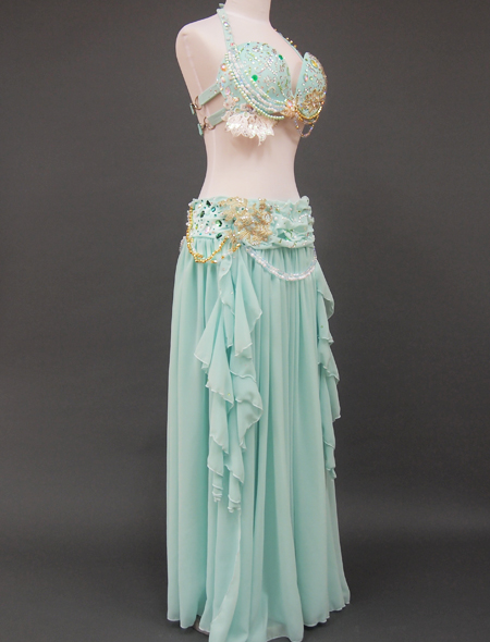 ベリーダンス衣装】ミントグリーンの爽やかな色合い！フリルが