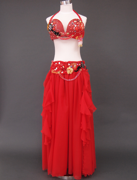 ベリーダンス衣装】大人気！赤×バラのデザイン！輝く装飾が目をひく