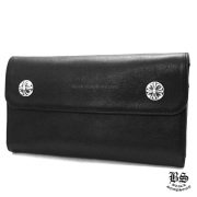 クロムハーツウェーブウォレットクロスボタンカウヘアブラックレザー