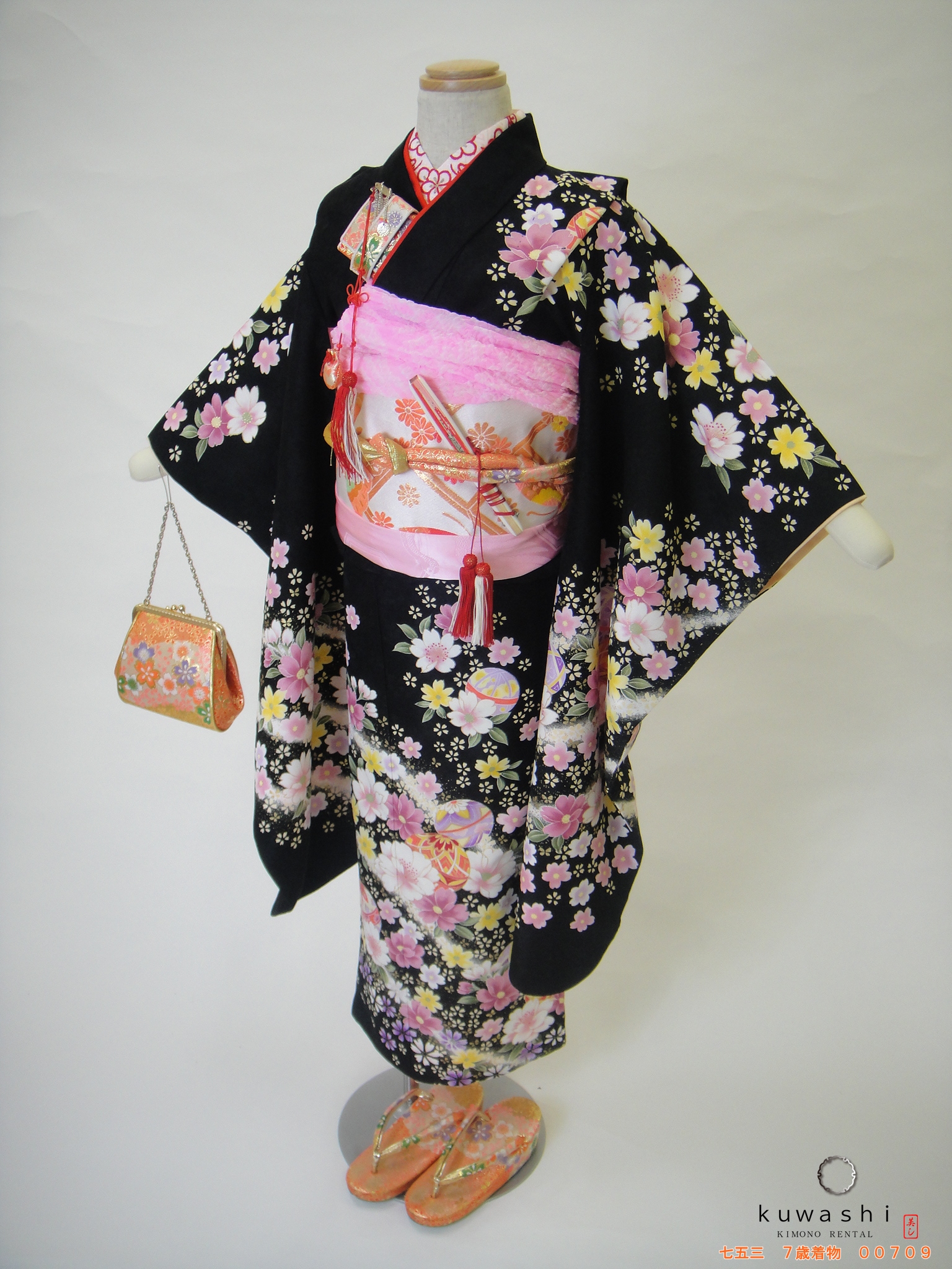 七五三レンタル着物】 00709 黒地地紋桜フルセット 【7歳女児着物