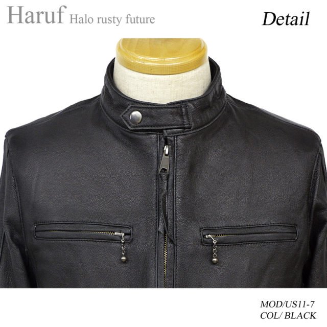 渋い光沢のブラックレザージャケット。製品洗いを施したビンテージ加工