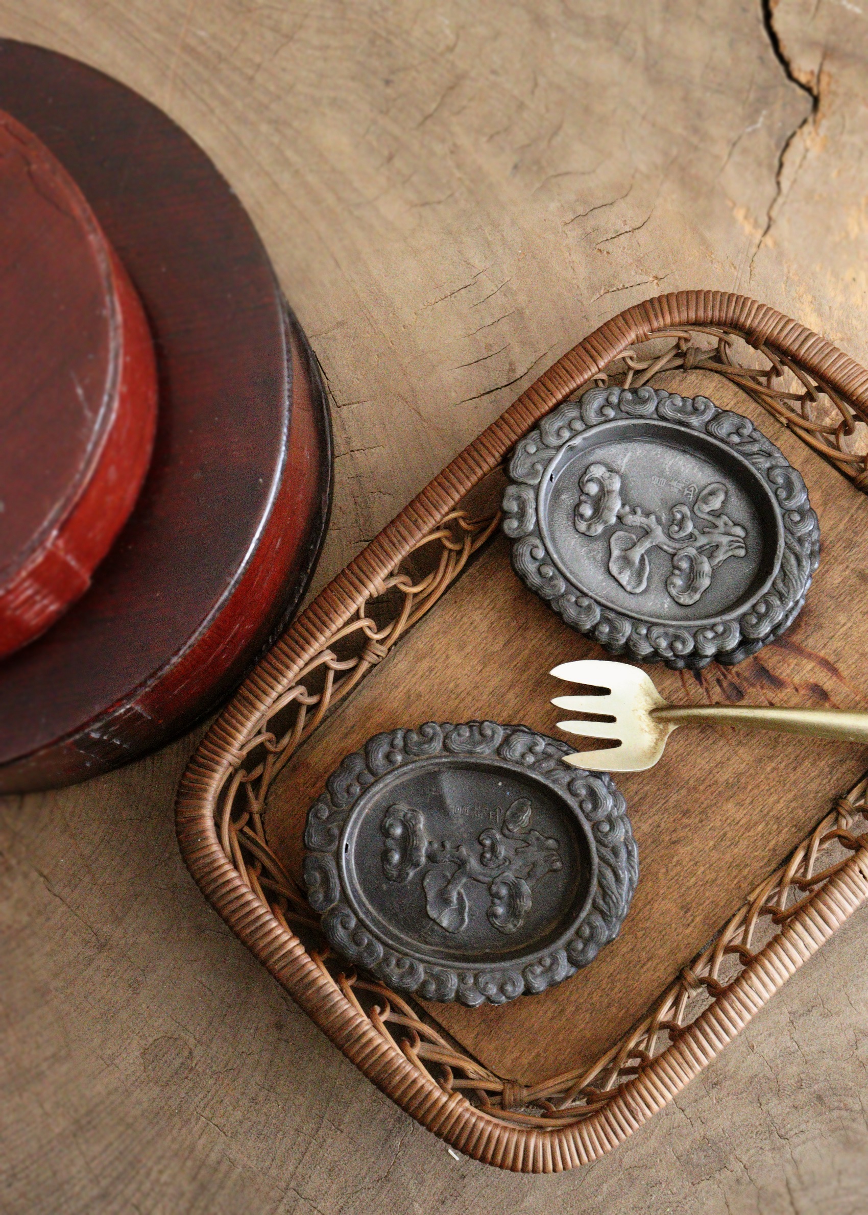 霊芝紋 茶托 引手金具 4枚組 茶器 茶托 煎茶道具 骨董 古玩 民具 建具金具