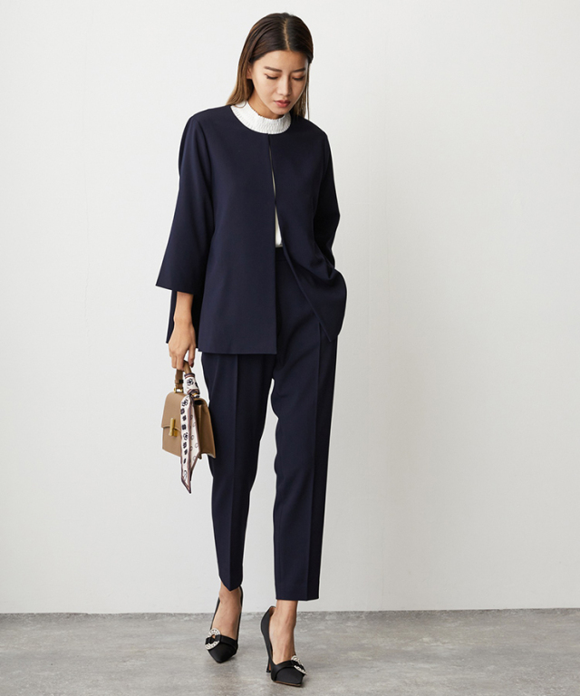 ノーカラージャケット＆テーパードパンツスーツセットアップ 【品番