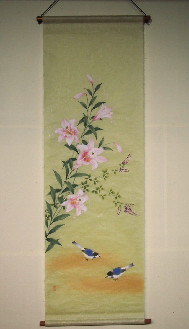 手描き友禅タペストリー【百合にシジュウカラ】