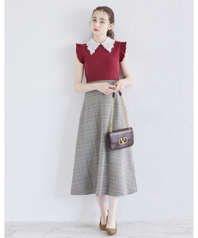 2WAYレース襟付きウエストりぼんチェックドッキングワンピース