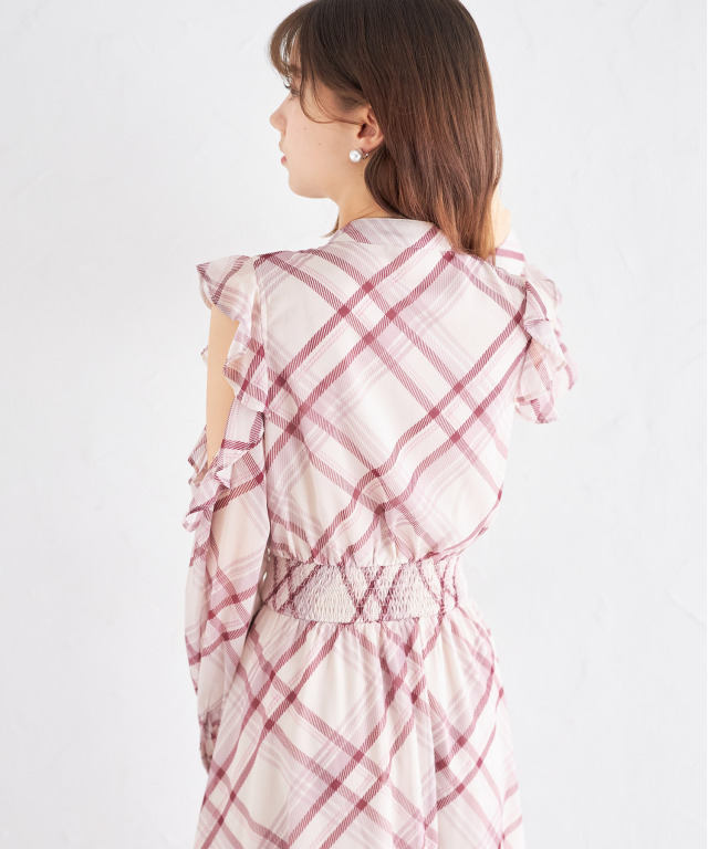 リボン付きフリルオープンショルダーウエストシャーリングチェック