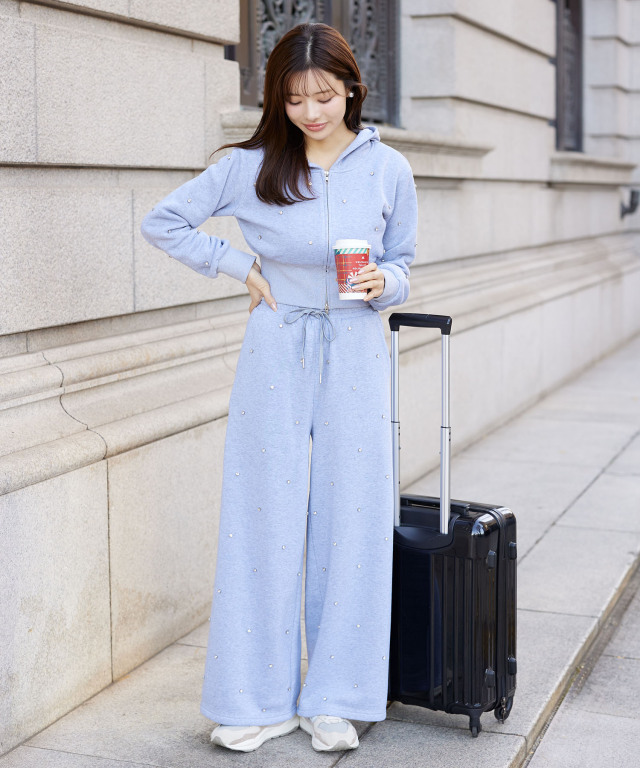 ビジューストーン付き裏起毛パーカー×パンツセットアップ