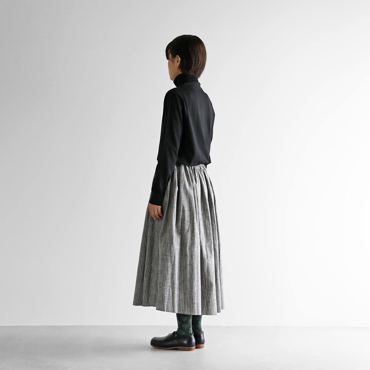 シーチングコットンロングスカート（グレーストライプ）【レディス