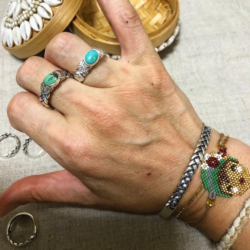 手編み ターコイズ リング(白仕上げ) 925シルバー | Voyage Jewelry Japan