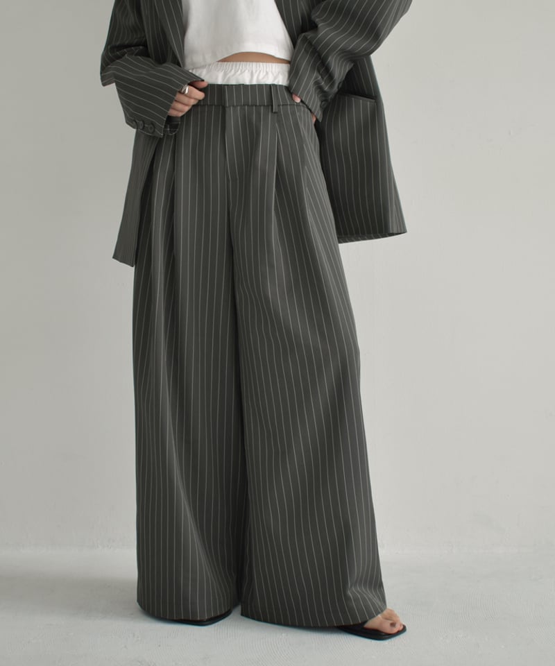 bottoms-02238 ダブルウエスト ピンストライプ タックワイドパンツ
