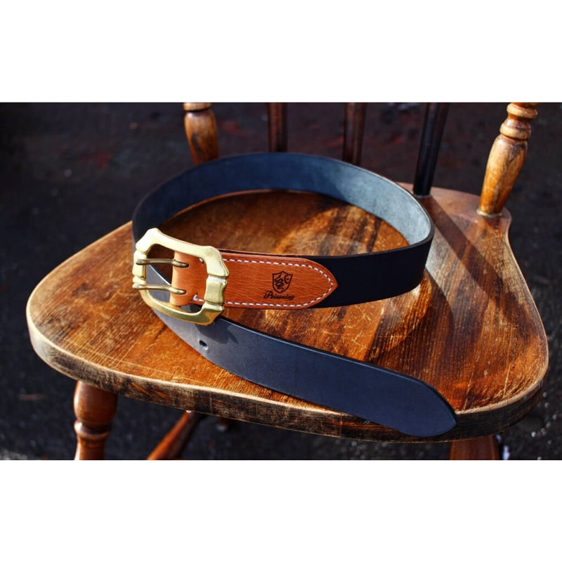 コンビネーション レザーギャリソンベルト/ブラック×タン/真鍮製