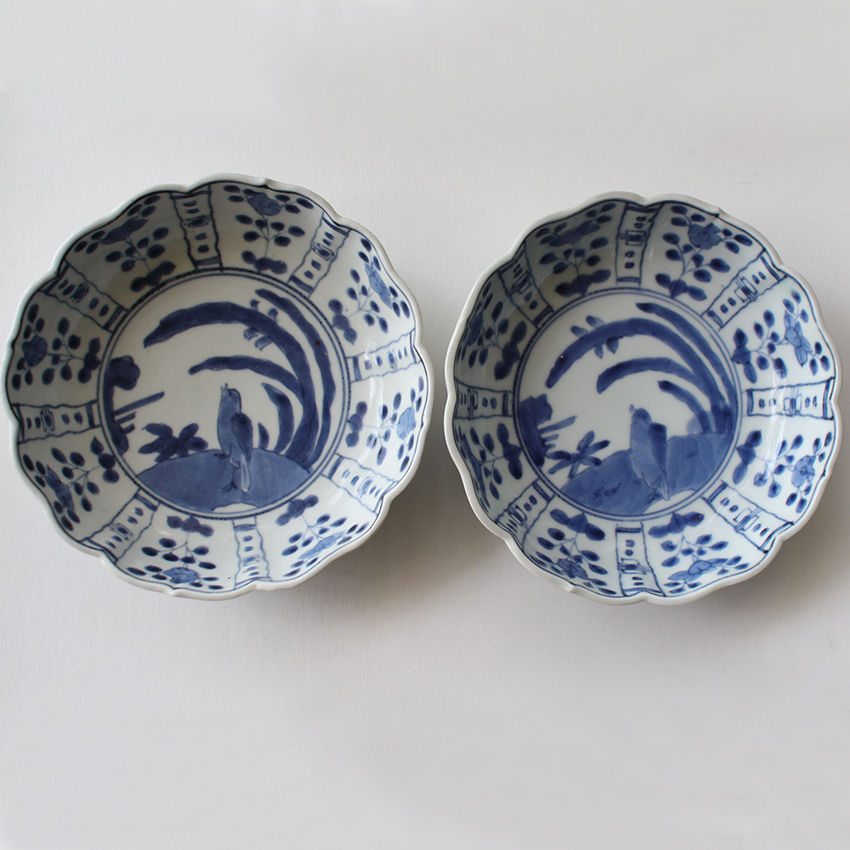 Ps-47 古伊万里 KOIMARI 染付 芙蓉手 花卉鳥文 輪花皿 2枚セット