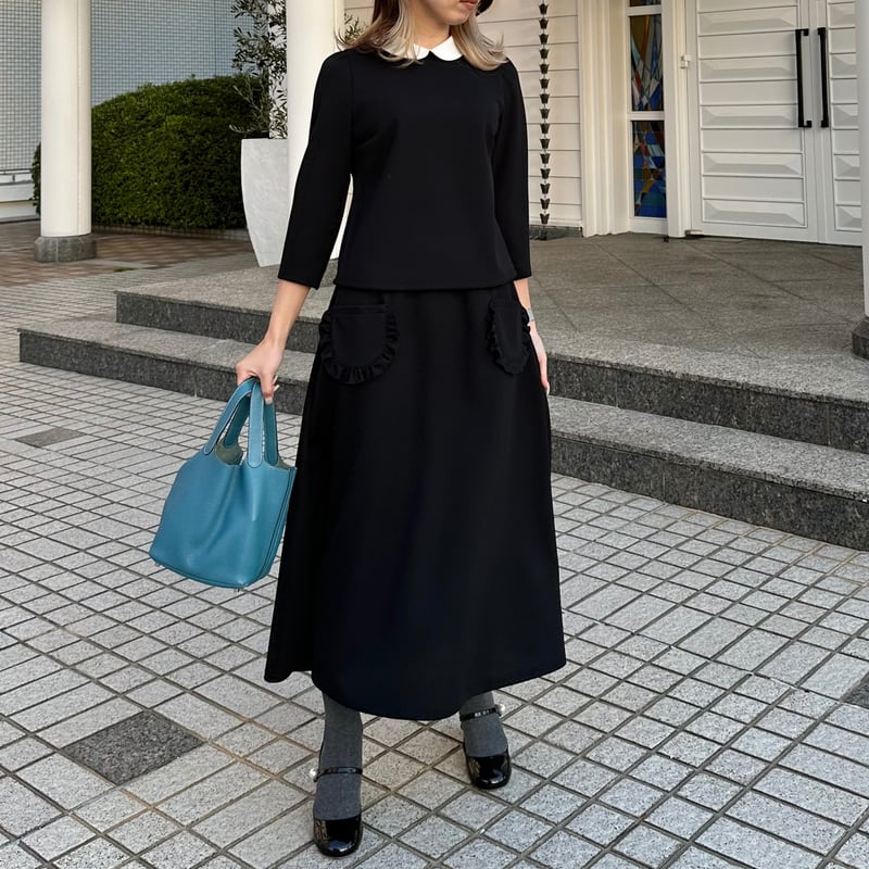 2-055 黒ハニカム フリルポケットスカート ロング フリー(M) | capric