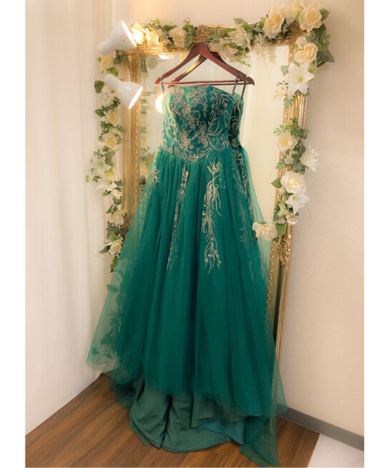 花柄刺繍 ボリュームロングドレス エメラルドグリーン Mサイズ
