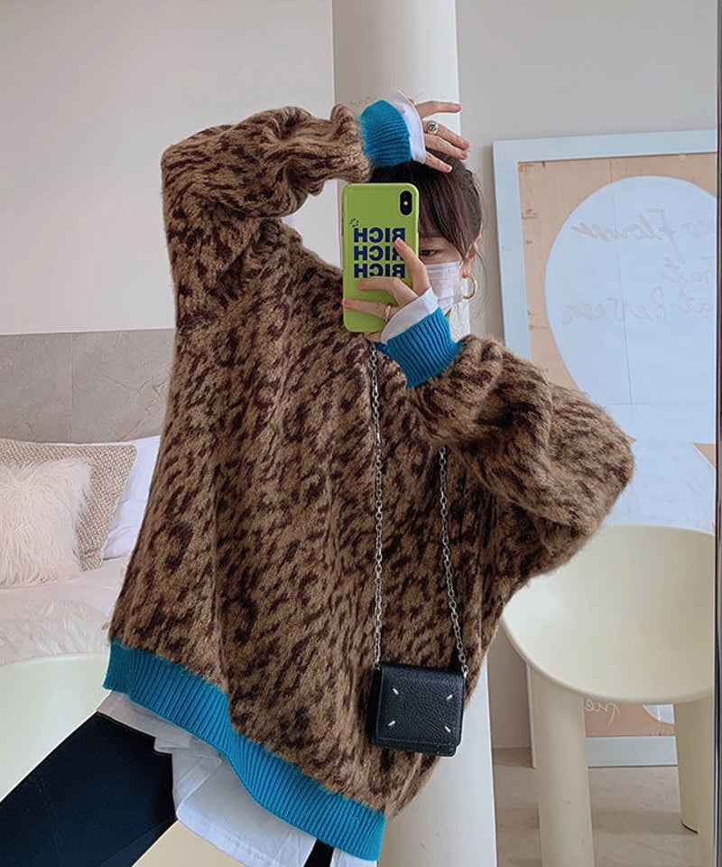 即納】レオパード柄ニットプルオーバー#ブルー | KISHIKA