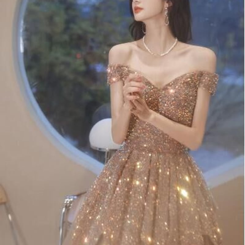 高品質！パーティードレス ゴールド スパンコール オフショル ロング