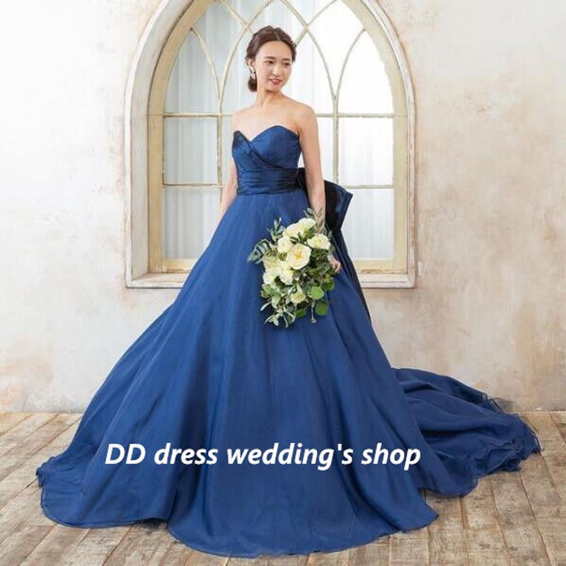 豪華！ パーティードレス 青/紫 ベアトップ 光沢サテン 二次会