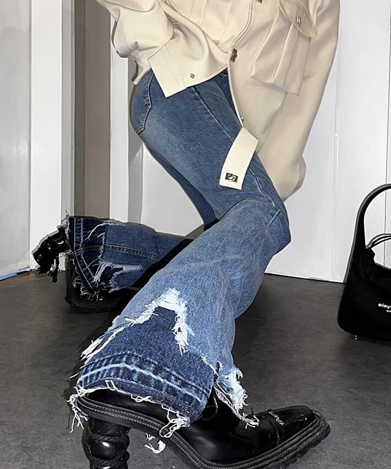 DENIM COLLECTION 】裾切り替え カットオフ デニム パンツ | GUGU