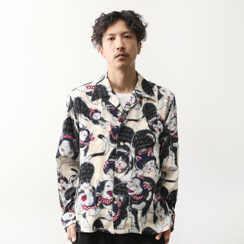 伊賀くみひもアロハシャツ 猫忍者（ベージュ・長袖）/IGA KUMIHIMO