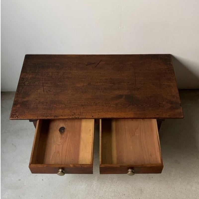 古い引出し文机 昭和初期 木製無垢材 2 杯引出し 座卓 風合豊かな木の